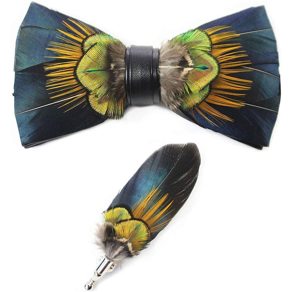 2686 Feather Bow Tie Peacock Pre-tied Bow tie Brooch Sets Tuxedo Banquet
